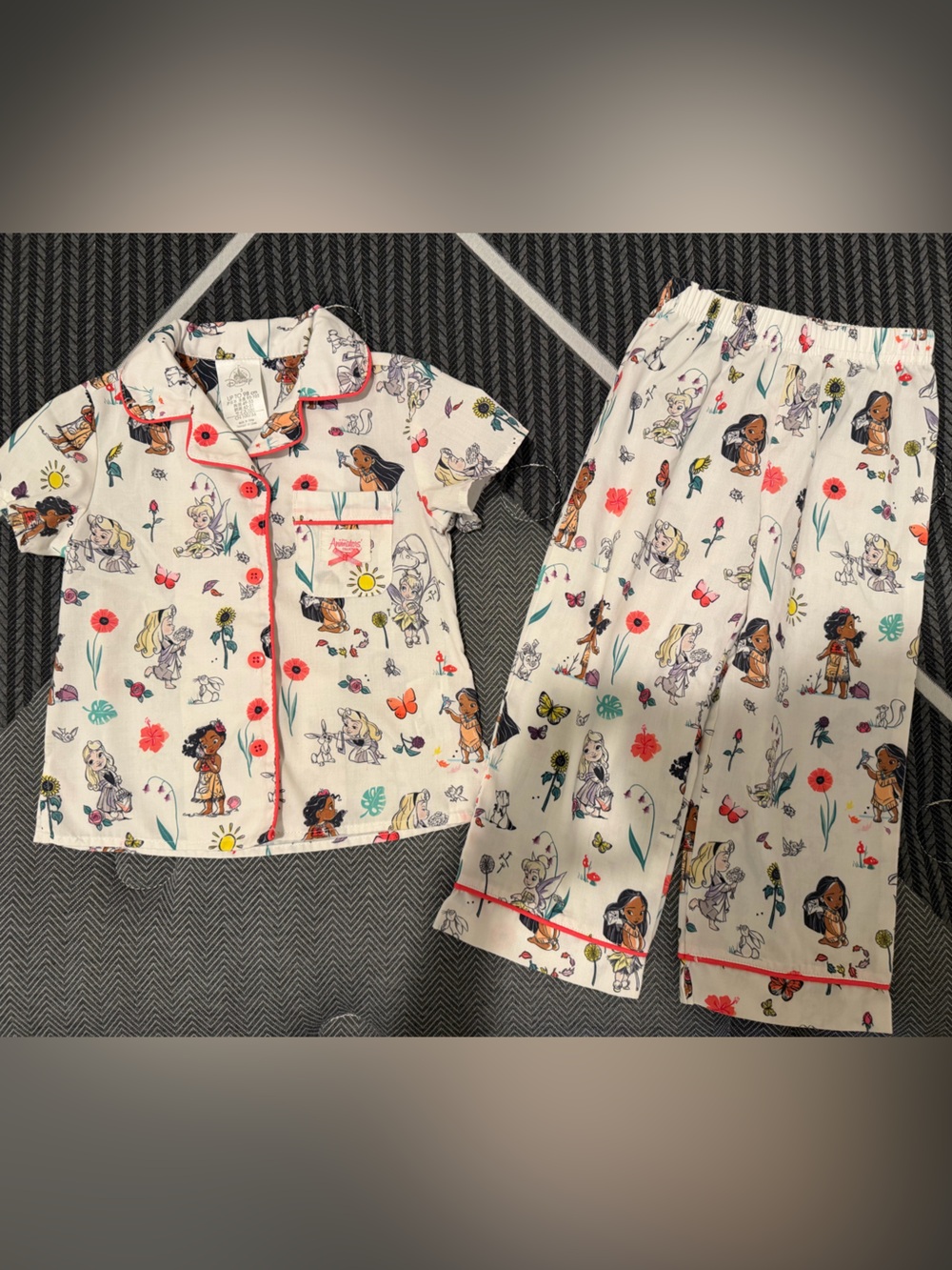 Disney Cream Floral & Character Short-Sleeve Pajama Set with Red Piping